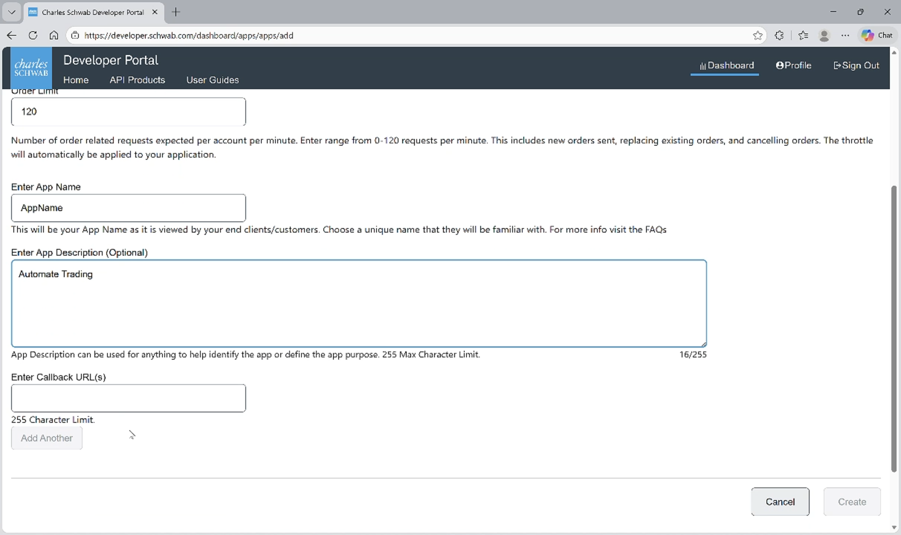 Create a Schwab Application - Step 6