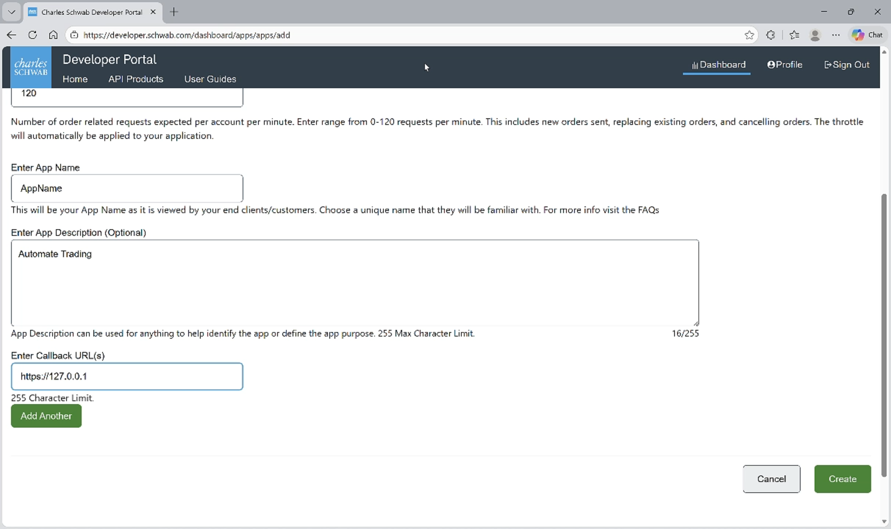 Create a Schwab Application - Step 7